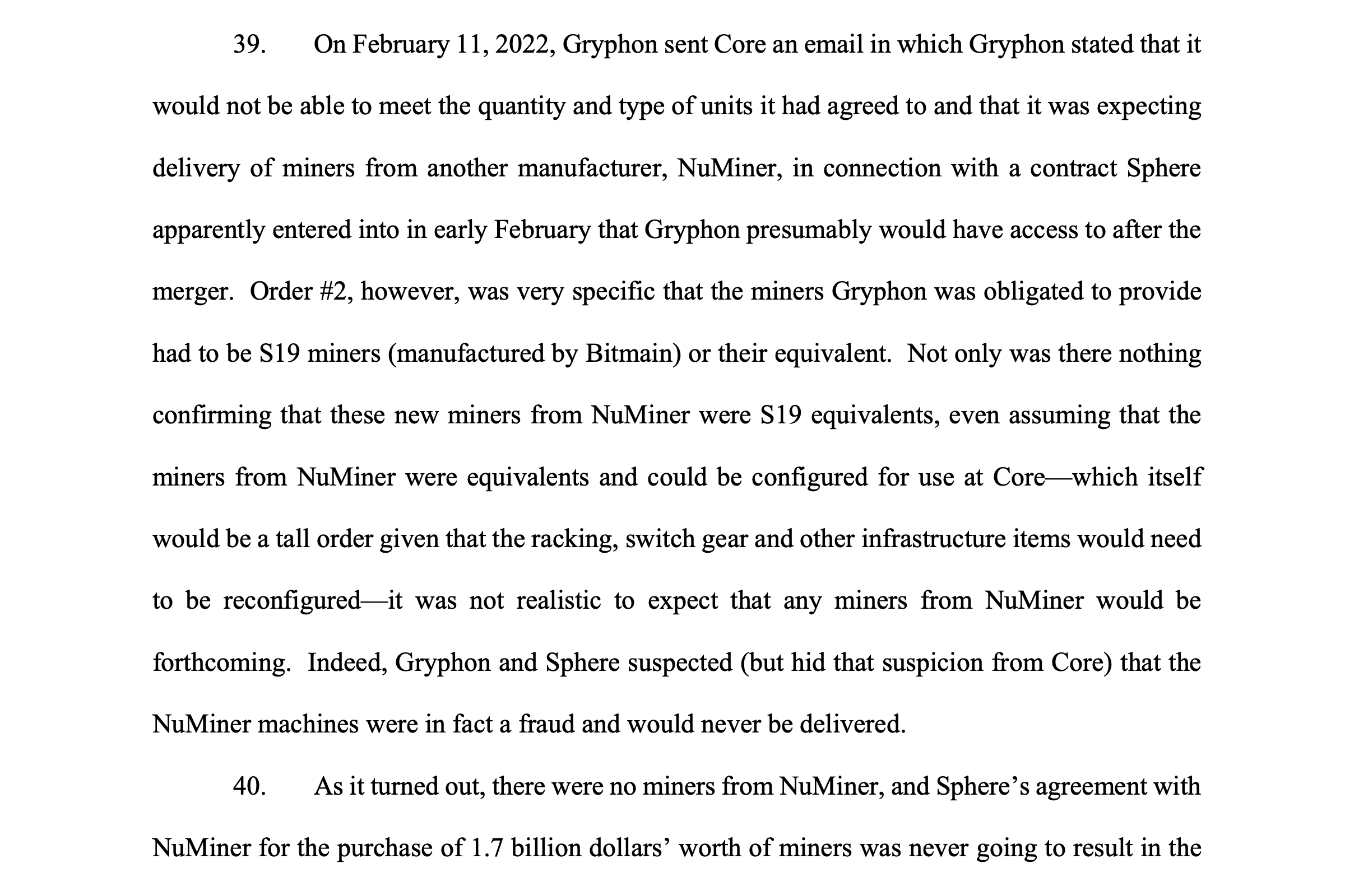 Core Scientific adversary complaint against Sphere and Gryphon